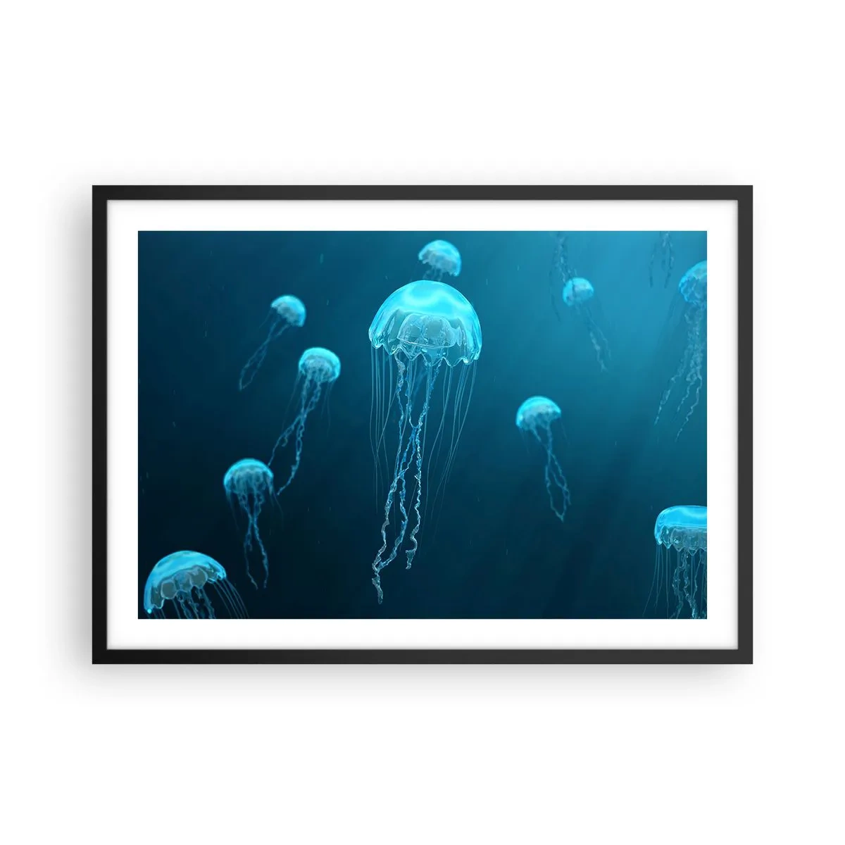 Póster en marco negro - Medusas flotando en las profundidades del océano en tonos azules. - 70x50cm - Danza oceánica - Decoración de pared moderna para salón y dormitorio ARTTOR