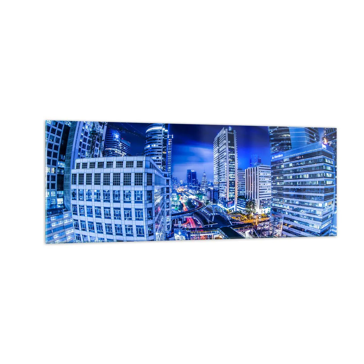 Cuadro sobre vidrio - Impresiones sobre Vidrio - Panorama nocturno de la ciudad con rascacielos y farolas - 140x50cm - Ritmos de la ciudad nocturna - Decoración de pared moderna para salón y dormitorio ARTTOR
