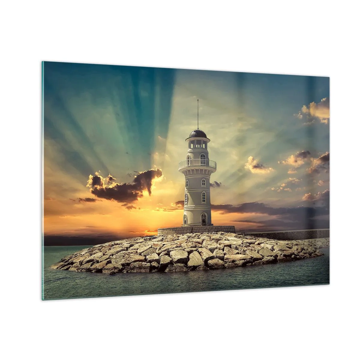 Cuadro sobre vidrio - Impresiones sobre Vidrio - Un faro con el sol poniente como telón de fondo - 100x70cm - Luz - Bondad - Belleza - Decoración de pared moderna para salón y dormitorio ARTTOR