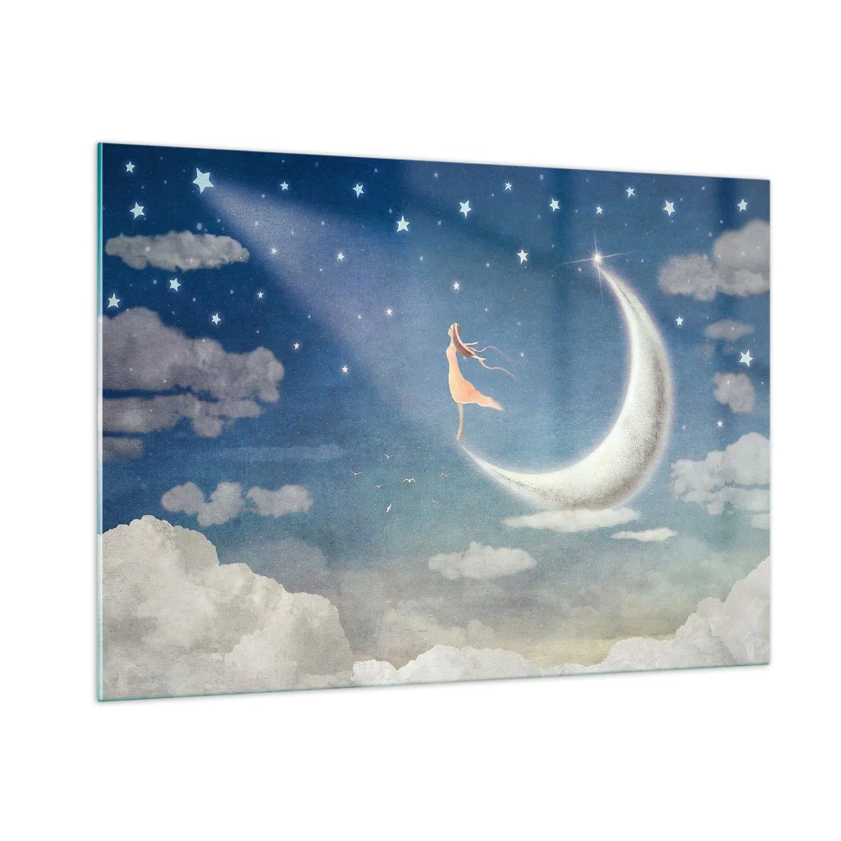 Cuadro sobre vidrio - Impresiones sobre Vidrio - Una mujer con un vestido suelto parada sobre la luna en un cielo estrellado. - 100x70cm - Pretendiente sobre azul - Decoración de pared moderna para salón y dormitorio ARTTOR