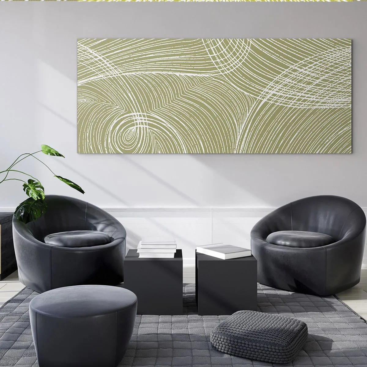 Cuadro sobre vidrio - Impresiones sobre Vidrio - Líneas verdes y blancas en una composición abstracta. - 140x50cm - Abstracción intrincada en blanco - Decoración de pared moderna para salón y dormitorio ARTTOR