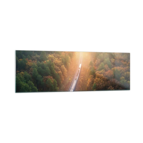 Cuadro sobre vidrio - Impresiones sobre Vidrio - Un tren en un bosque otoñal al amanecer. - 160x50cm - Un viaje otoñal - Decoración de pared moderna para salón y dormitorio ARTTOR