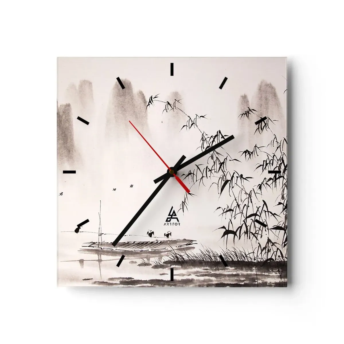 Reloj de pared - Reloj de vidrio - Un paisaje minimalista de estilo oriental. - 30x30cm - El silencio de los arrozales - Decoración de pared moderna para salón y dormitorio ARTTOR
