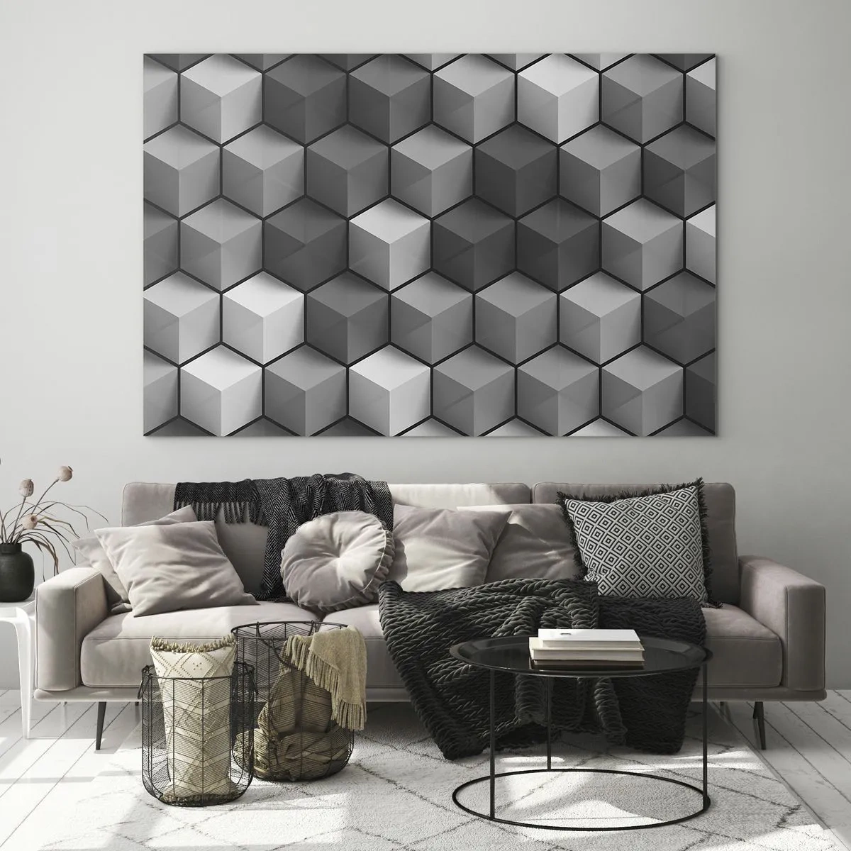 Cuadro sobre vidrio - Impresiones sobre Vidrio - Cubos geométricos en tonos de gris - 100x70cm - Rompecabezas cubista - Decoración de pared moderna para salón y dormitorio ARTTOR