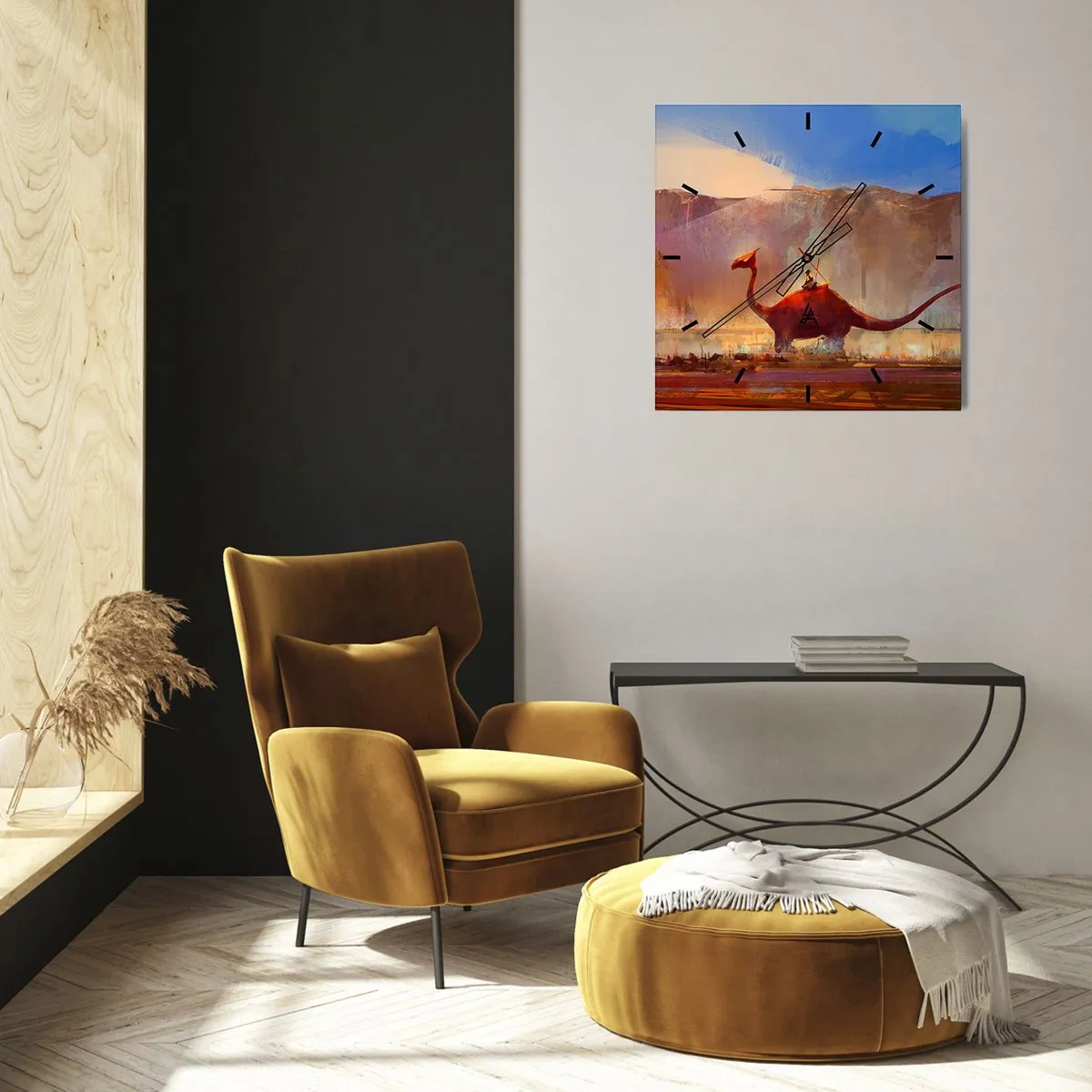 Reloj de pared - Reloj de vidrio - Una escena de fantasía con un jinete sobre una criatura prehistórica. - 30x30cm - Si no se hubieran extinguido - Decoración de pared moderna para salón y dormitorio ARTTOR