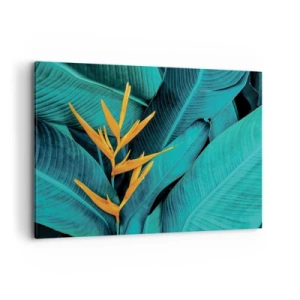 Cuadro sobre lienzo - Impresión de Imagen - Una flor exótica sobre un fondo de hojas de plátano en tonos turquesas. - 100x70cm - Flor del Edén - Decoración de pared moderna para salón y dormitorio ARTTOR