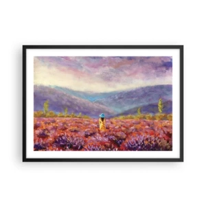 Póster en marco negro - Una mujer con sombrero caminando por un campo de lavanda. - 70x50cm - En un mundo de lavanda - Decoración de pared moderna para salón y dormitorio ARTTOR