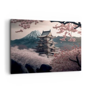 Cuadro sobre lienzo - Impresión de Imagen - Un templo japonés rodeado de flores de cerezo y montañas. - 100x70cm - Tierra de cerezos en flor - Decoración de pared moderna para salón y dormitorio ARTTOR