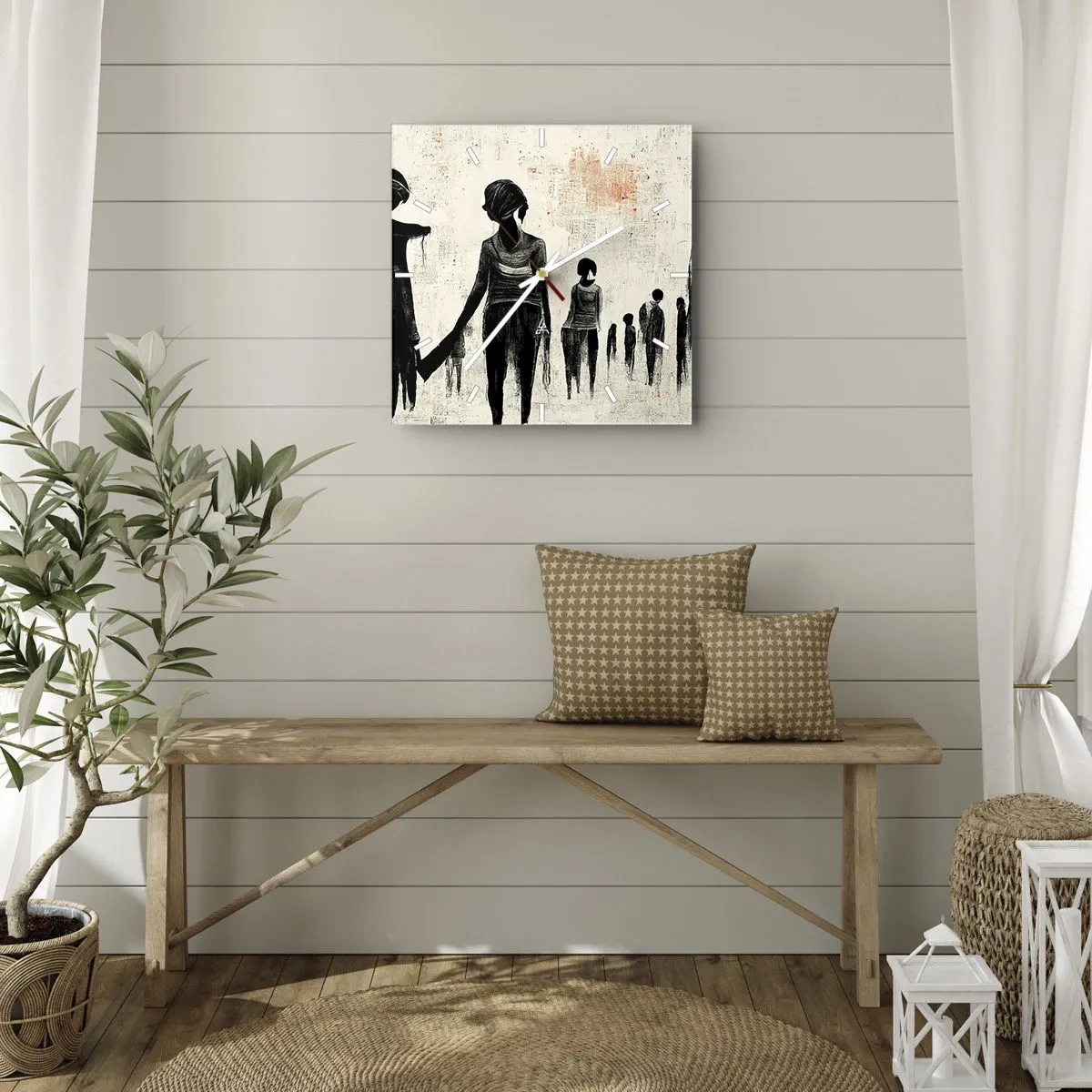 Reloj de pared - Reloj de vidrio - Figuras en una composición monocromática sobre un fondo claro. - 30x30cm - Contra la soledad - Decoración de pared moderna para salón y dormitorio ARTTOR