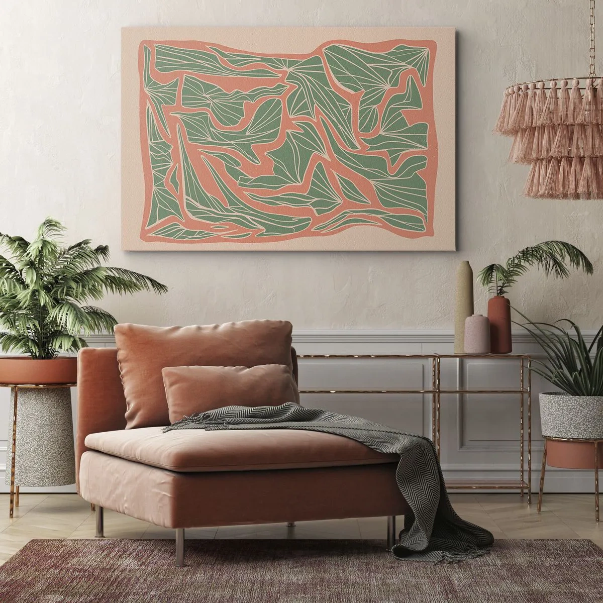 Cuadro sobre lienzo - Impresión de Imagen - Un patrón de plantas en tonos verdes y naranjas. - 70x50cm - Lucha entre el coral y el verde - Decoración de pared moderna para salón y dormitorio ARTTOR