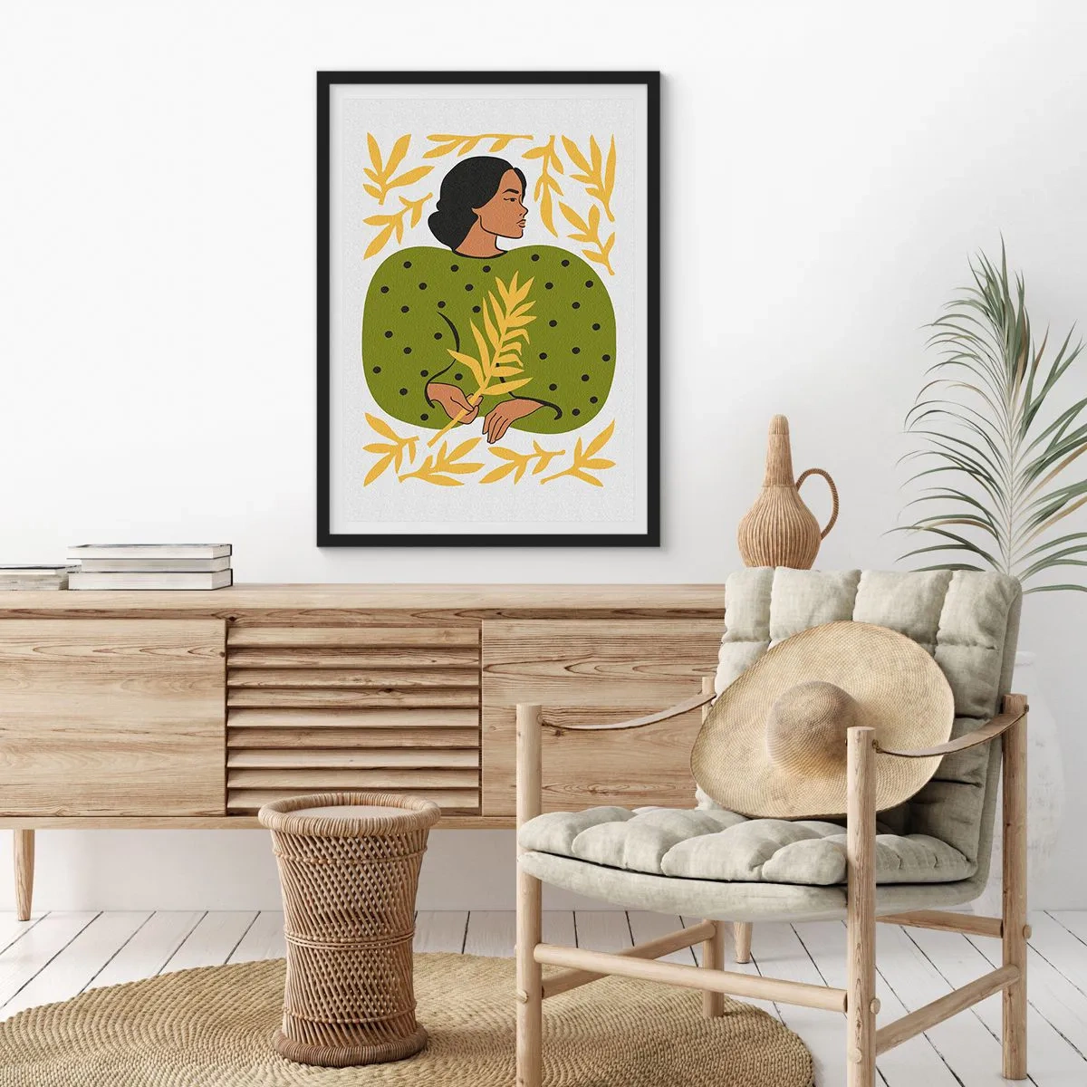 Póster en marco negro - Retrato de una mujer con un vestido verde con una hoja amarilla, con un patrón delicado. - 50x70cm - Chica hawaiana - Decoración de pared moderna para salón y dormitorio ARTTOR