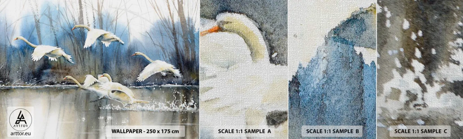 Muestra de fotomural Premium Canvas - Como en un cuento de cisnes salvajes - cisnes, Aves, Paisaje - 100x30 cm