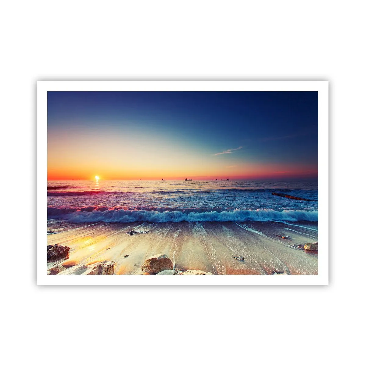 Póster - Puesta de sol sobre un mar tranquilo con olas - 100x70cm - ¿Y qué hay tras el horizonte? - Decoración de pared moderna para salón y dormitorio ARTTOR