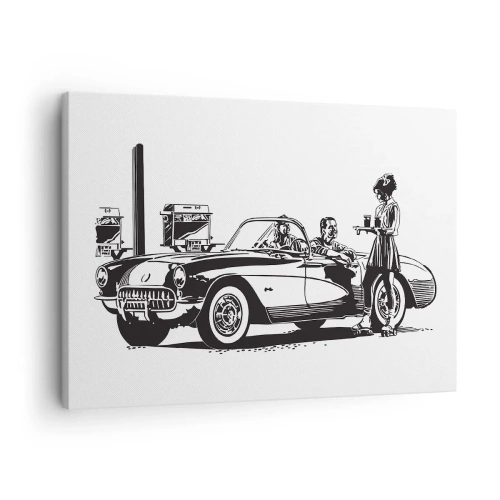 Cuadro sobre lienzo - Impresión de Imagen - Una escena retro en blanco y negro con un coche y una camarera en patines. - 70x50cm - Años 60 - la América despreocupada - Decoración de pared moderna para salón y dormitorio ARTTOR
