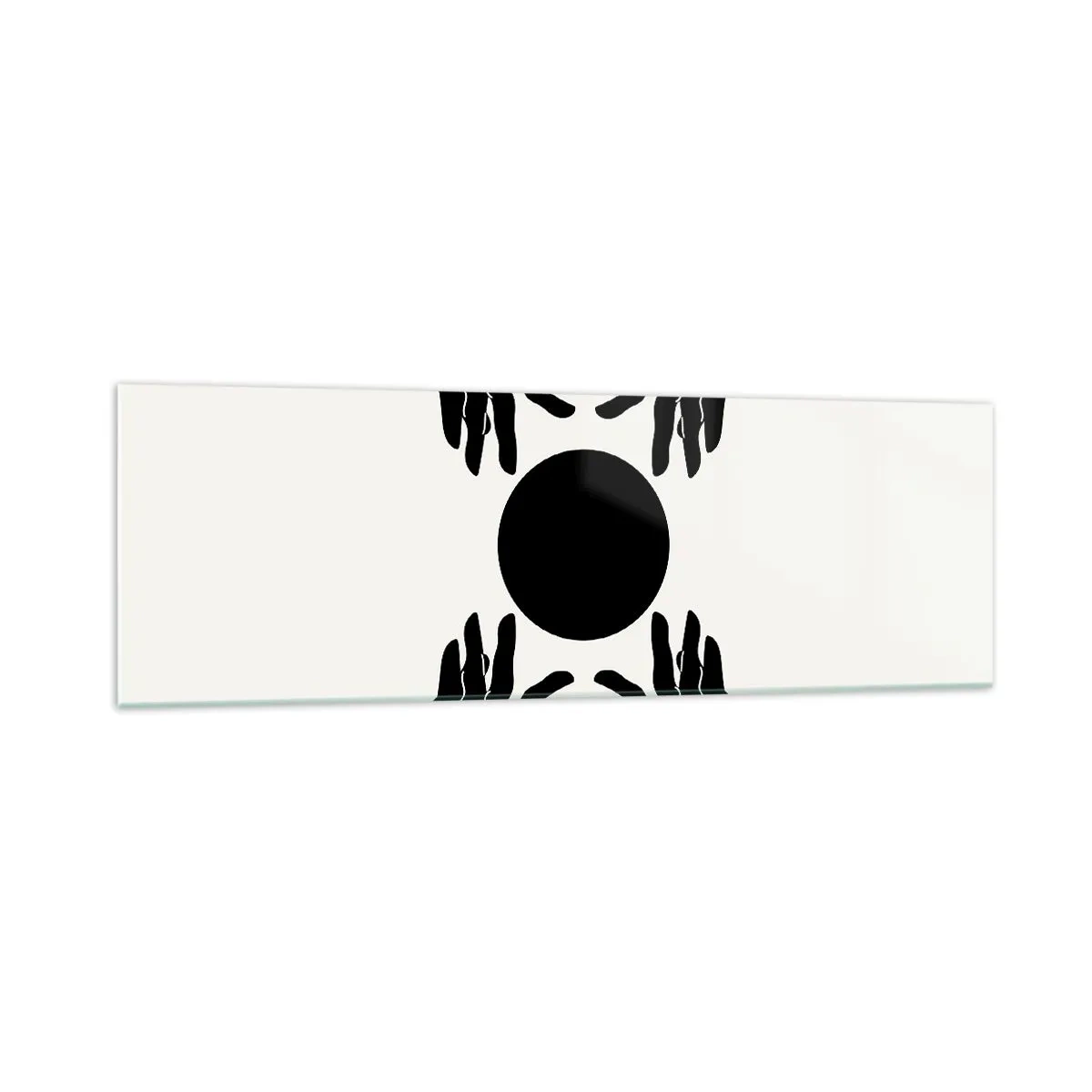 Cuadro sobre vidrio - Impresiones sobre Vidrio - Manos negras en una composición simétrica con una pelota. - 160x50cm - Una señal secreta - Decoración de pared moderna para salón y dormitorio ARTTOR