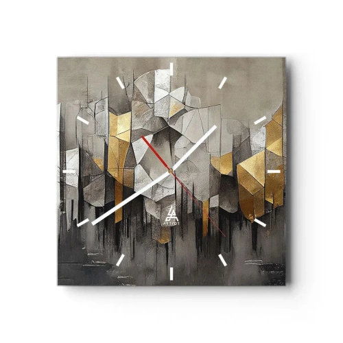 Reloj de pared - Reloj de vidrio - Abstracción geométrica en tonos dorados y grises. - 30x30cm - Composición hecha de hielo y luz - Decoración de pared moderna para salón y dormitorio ARTTOR