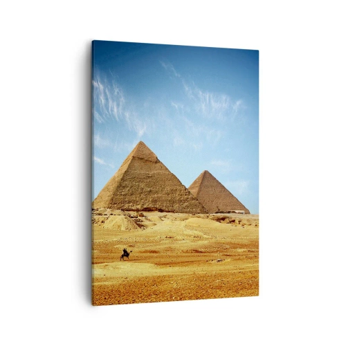 Cuadro sobre lienzo - Impresión de Imagen - Las pirámides de Giza contra un cielo azul y un paisaje desértico. - 50x70cm - 40 siglos te observan - Decoración de pared moderna para salón y dormitorio ARTTOR