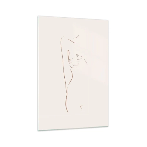 Cuadro sobre vidrio - Impresiones sobre Vidrio - Un dibujo lineal sutil de una silueta sobre un fondo claro. - 70x100cm - La forma del deseo - Decoración de pared moderna para salón y dormitorio ARTTOR