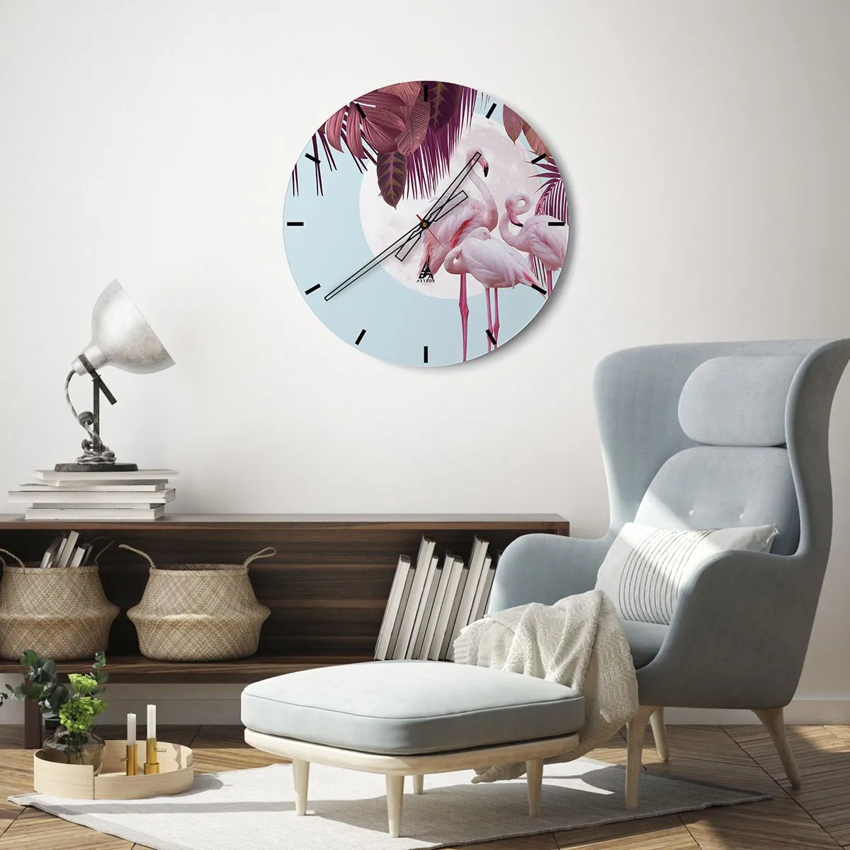 Reloj de pared - Reloj de vidrio - Flamencos con la luna y hojas tropicales como telón de fondo. - 30x30cm - La grandeza de las aves - Decoración de pared moderna para salón, cocina y dormitorio ARTTOR