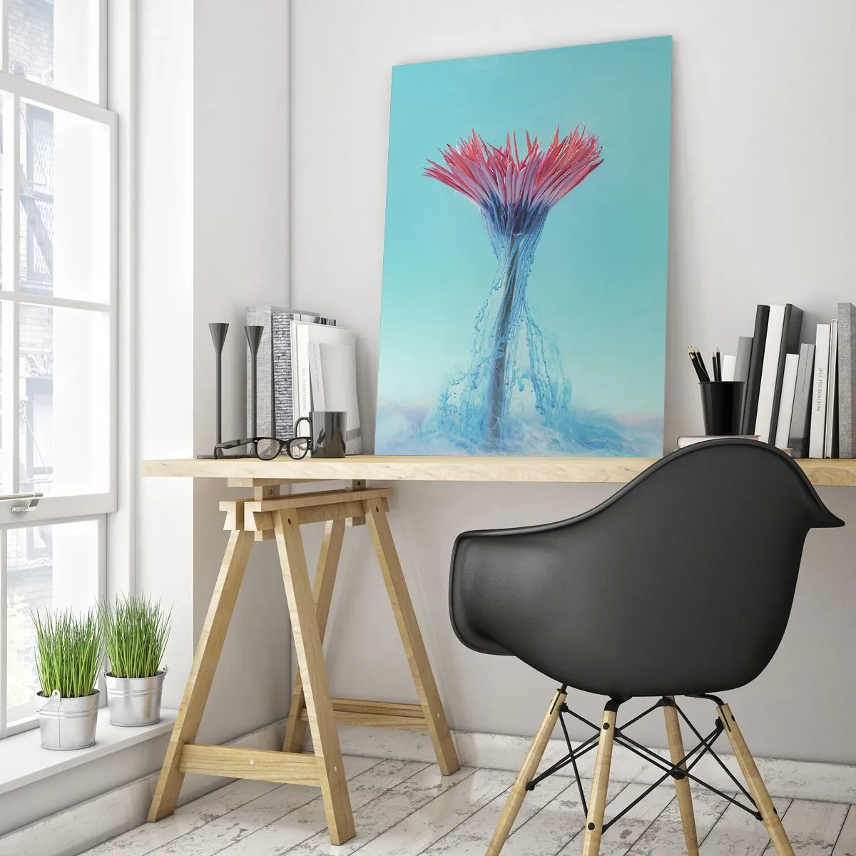 Cuadro sobre vidrio - Impresiones sobre Vidrio - Una flor rosa y azul en un arreglo artístico sobre un fondo pastel. - 80x120cm - En un abrazo vigorizante - Decoración de pared moderna para salón y dormitorio ARTTOR
