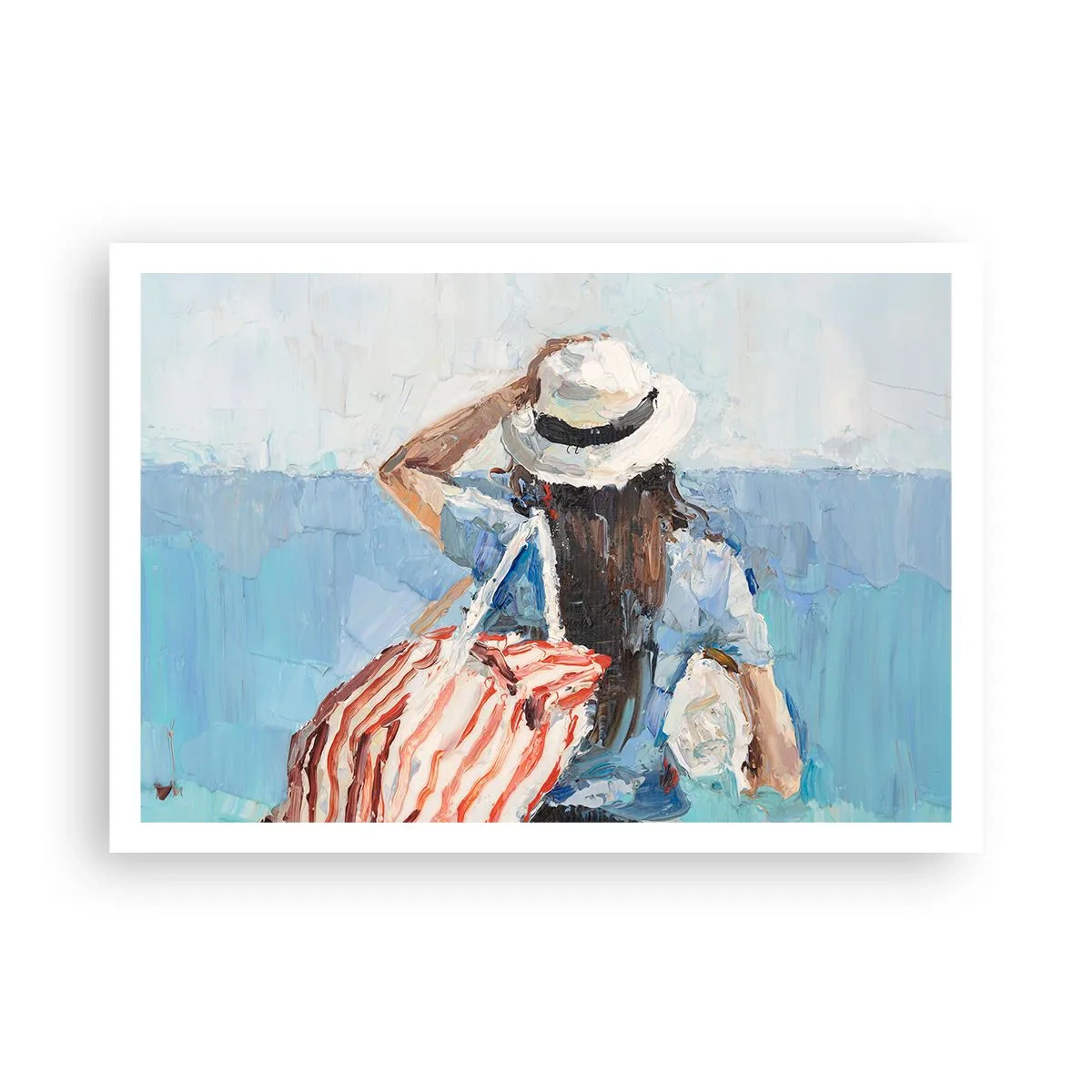 Póster - Una mujer con sombrero frente al mar azul. - 100x70cm - Bienvenida a tus vacaciones - Decoración de pared moderna para salón y dormitorio ARTTOR