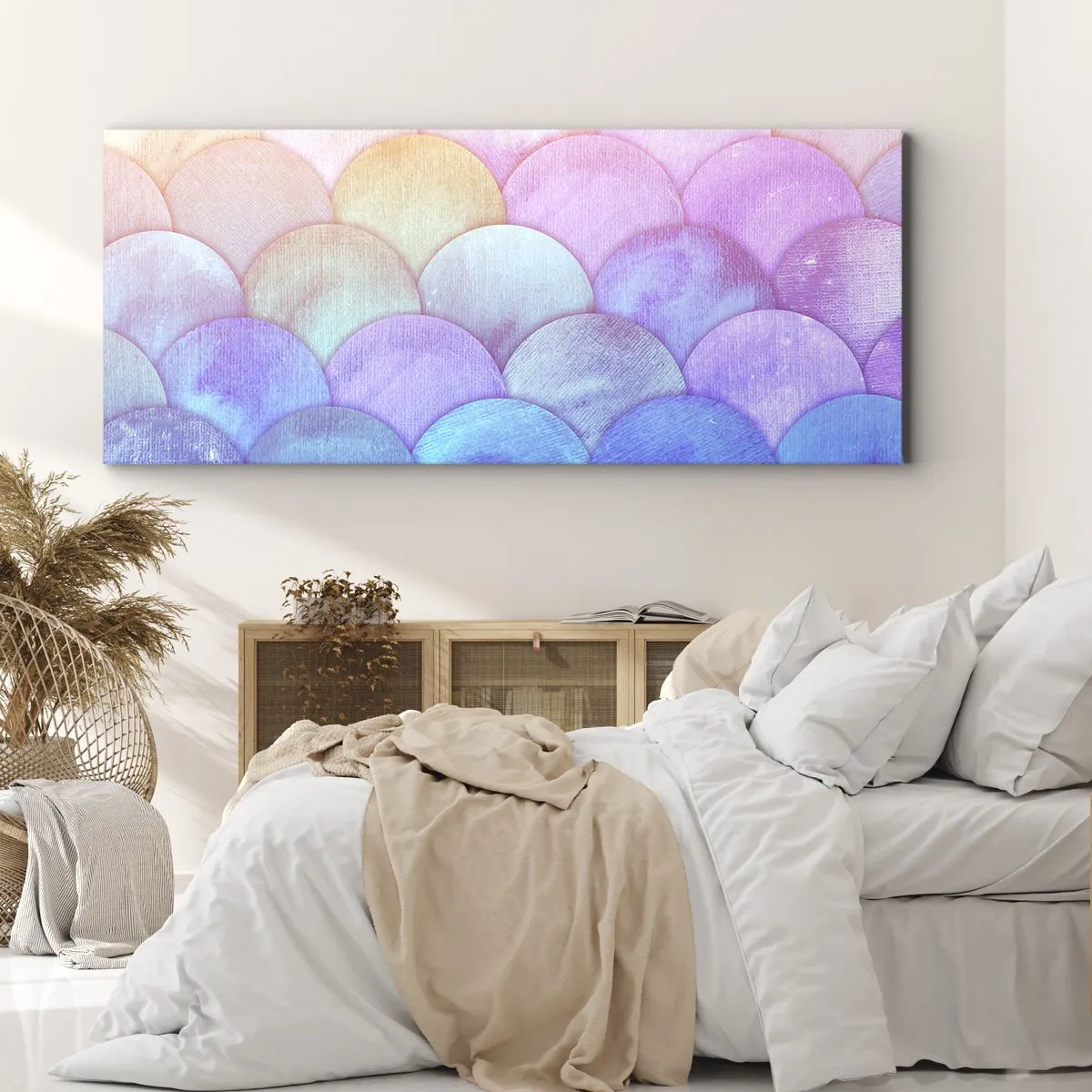 Cuadro sobre lienzo - Impresión de Imagen - Escamas abstractas en tonos pastel - 120x50cm - Concha de perla - Decoración de pared moderna para salón y dormitorio ARTTOR
