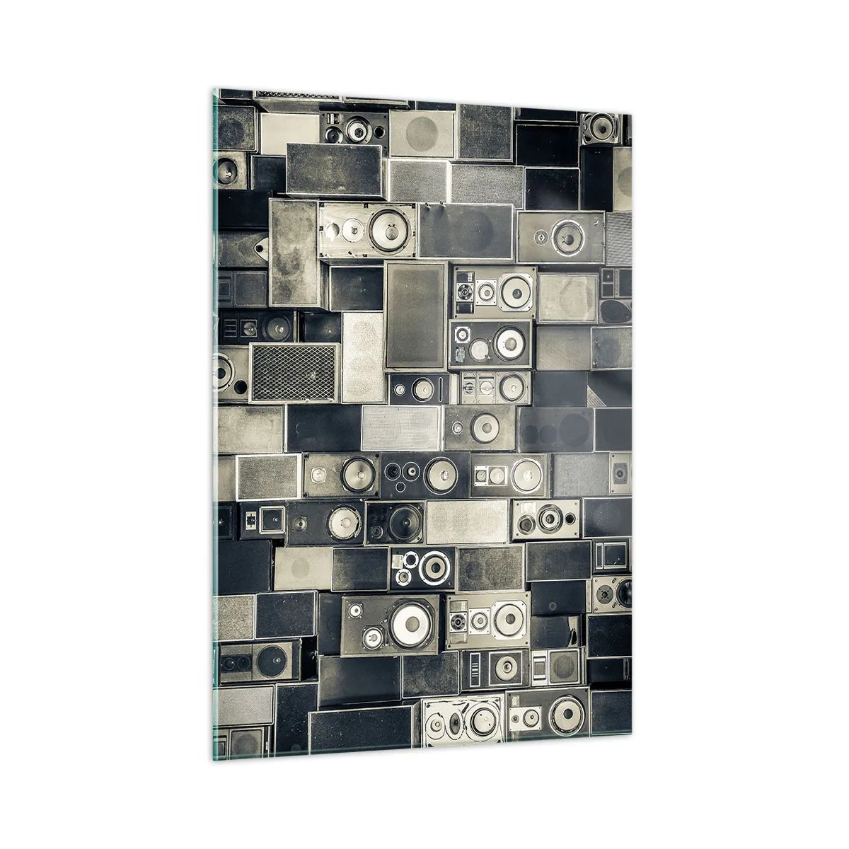 Cuadro sobre vidrio - Impresiones sobre Vidrio - Una composición de altavoces retro en tonos grises. - 50x70cm - Y todo fluye - Decoración de pared moderna para salón y dormitorio ARTTOR