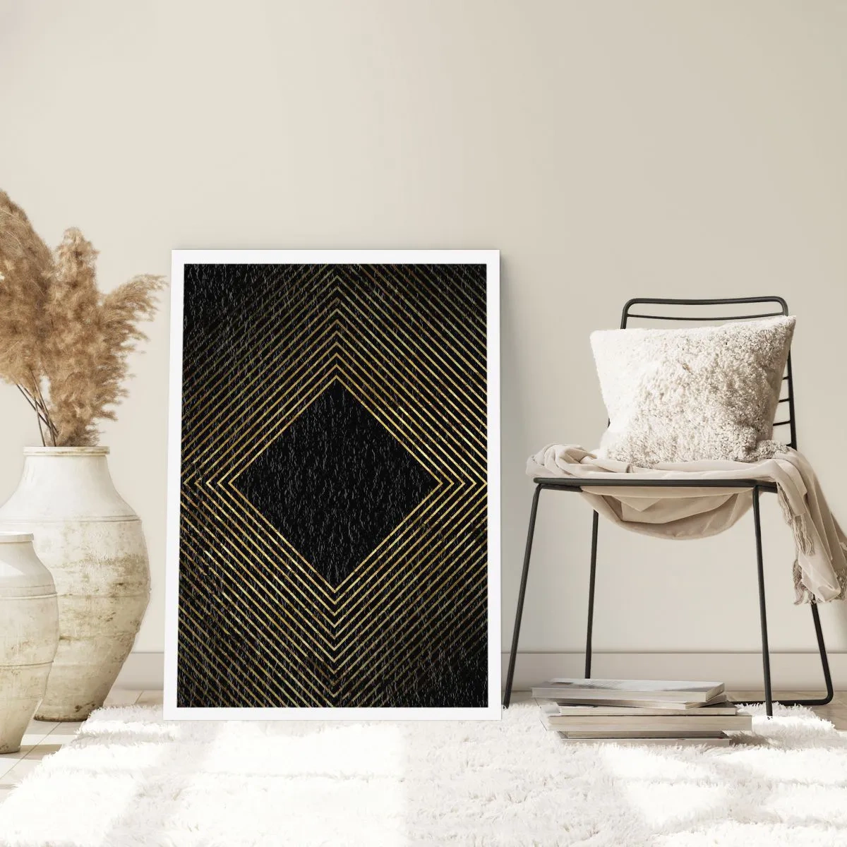 Póster - Líneas geométricas doradas sobre fondo negro. - 50x70cm - Geometría al estilo glamour - Decoración de pared moderna para salón y dormitorio ARTTOR