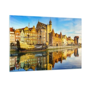 Cuadro sobre vidrio - Impresiones sobre Vidrio - El casco antiguo de Gdansk con su reflejo en el agua - 120x80cm - Un espejo del pasado - Decoración de pared moderna para salón y dormitorio ARTTOR