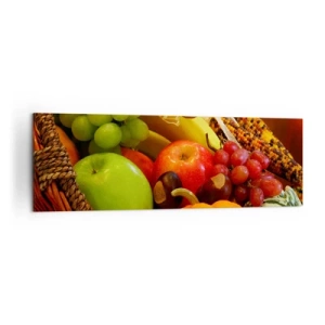 Cuadro sobre lienzo - Impresión de Imagen - Una cesta de frutas, calabazas y maíz sobre un fondo de colores otoñales. - 160x50cm - Cesta de la cosecha - Decoración de pared moderna para salón y dormitorio ARTTOR