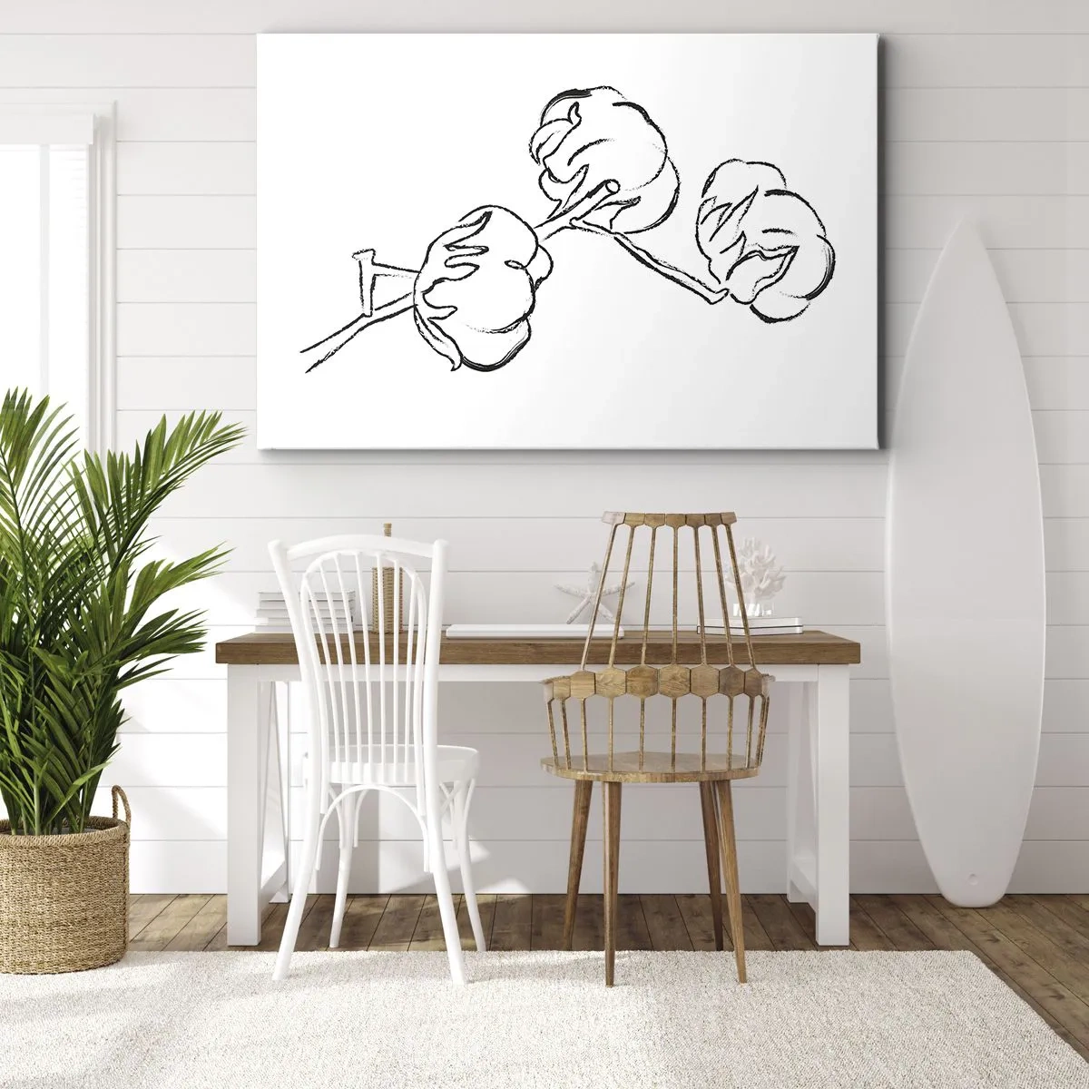 Cuadro sobre lienzo - Impresión de Imagen - Un delicado contorno de una rama de algodón sobre un fondo blanco. - 70x50cm - Plumón de algodón - Decoración de pared moderna para salón y dormitorio ARTTOR