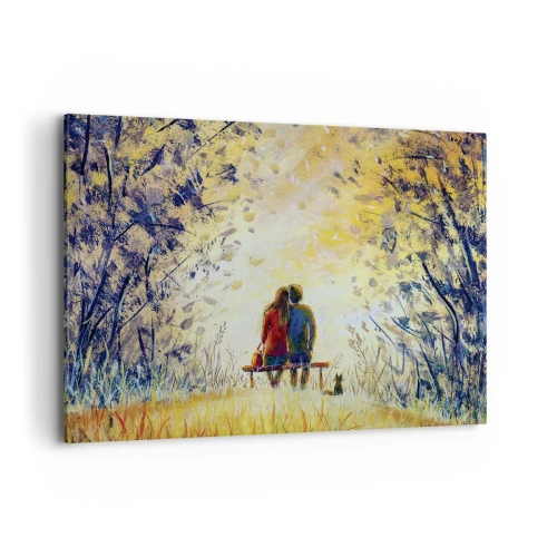 Cuadro sobre lienzo - Impresión de Imagen - Una pareja sentada en un banco entre árboles otoñales bajo la luz del sol. - 100x70cm - Un momento mágico - Decoración de pared moderna para salón y dormitorio ARTTOR