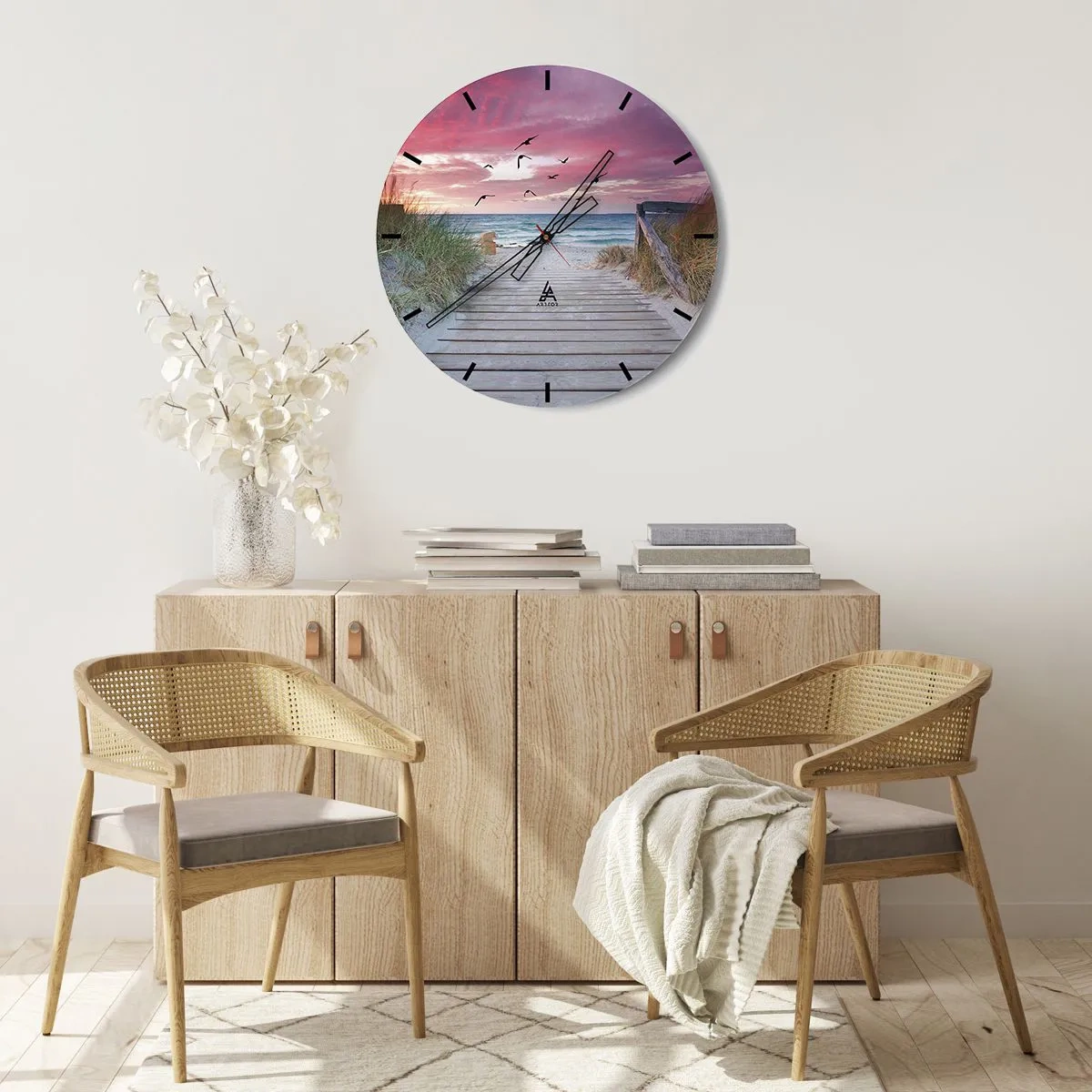 Reloj de pared - Reloj de vidrio - Muelle de madera que conduce a la playa al atardecer - 30x30cm - Impresión del Báltico - Decoración de pared moderna para salón, cocina y dormitorio ARTTOR
