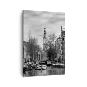 Cuadro sobre lienzo - Impresión de Imagen - Panorama en blanco y negro de Ámsterdam con canal y edificios históricos - 50x70cm - Ambiente de Ámsterdam - Decoración de pared moderna para salón y dormitorio ARTTOR