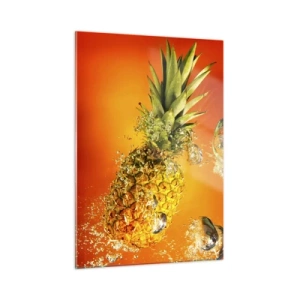 Cuadro sobre vidrio - Impresiones sobre Vidrio - Piña sumergida en agua sobre un fondo de color naranja intenso. - 50x70cm - Jugosa frescura tropical - Decoración de pared moderna para salón y dormitorio ARTTOR