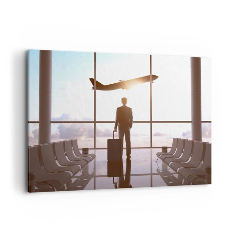 Cuadro sobre lienzo - Impresión de Imagen - Hombre de negocios en el aeropuerto con un avión al fondo - 100x70cm - Tienes tiempo, tranquilo - Decoración de pared moderna para salón y dormitorio ARTTOR