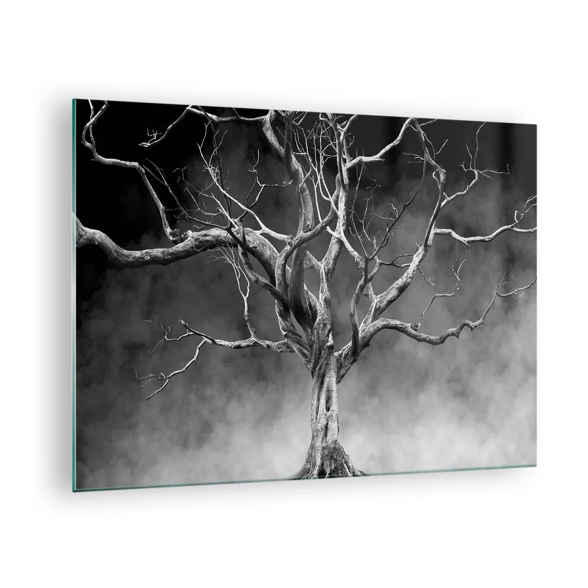 Cuadro sobre vidrio - Impresiones sobre Vidrio - Árbol negro contra la niebla - 70x50cm - Primordial y sagrado - Decoración de pared moderna para salón y dormitorio ARTTOR