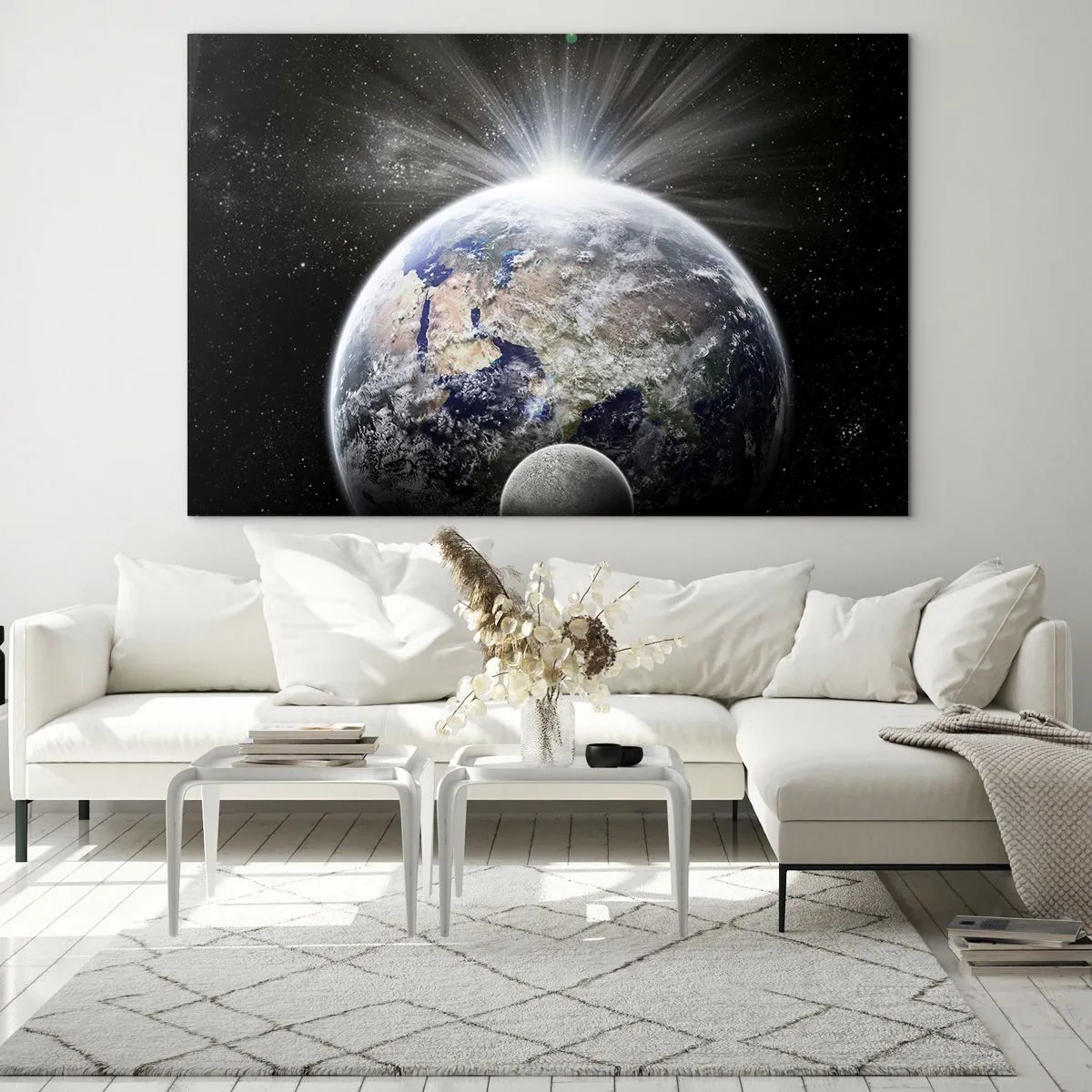 Cuadro sobre vidrio - Impresiones sobre Vidrio - La Tierra y la Luna en un paisaje espacial - 70x50cm - En todo su esplendor - Decoración de pared moderna para salón y dormitorio ARTTOR