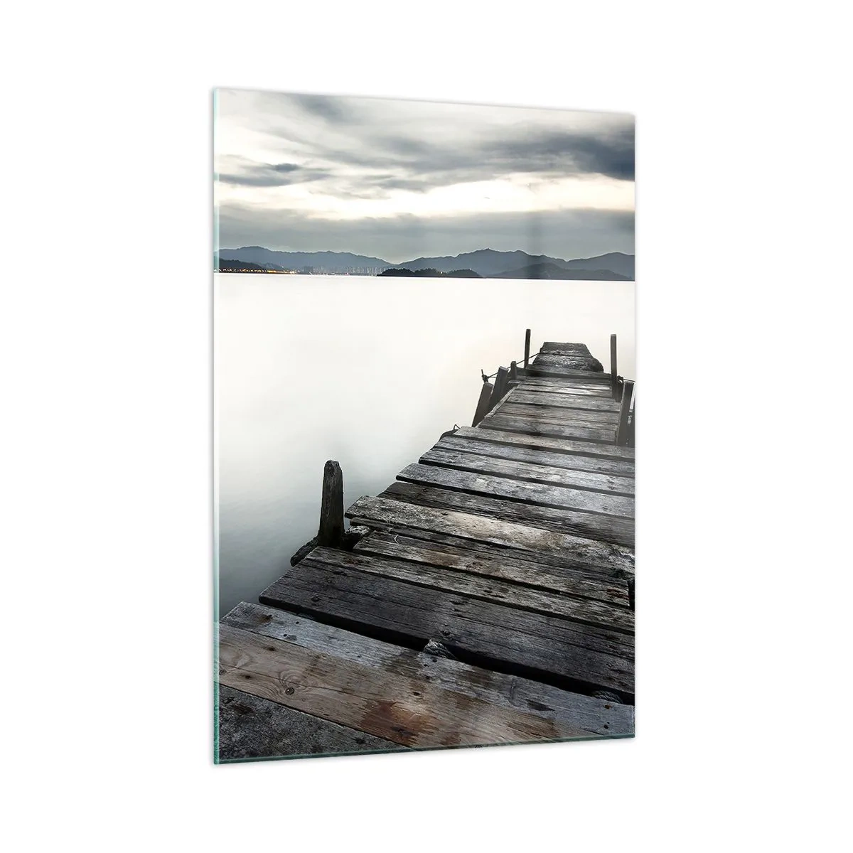 Cuadro sobre vidrio - Impresiones sobre Vidrio - Un embarcadero de madera con el telón de fondo de un lago tranquilo al atardecer. - 50x70cm - Sumérjase en la paz - Decoración de pared moderna para salón y dormitorio ARTTOR