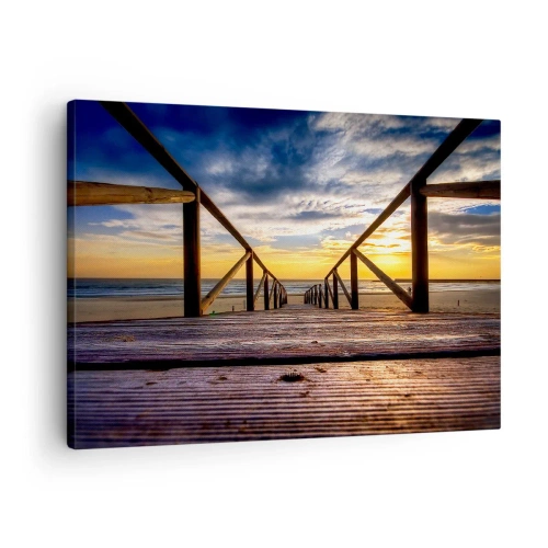 Cuadro sobre lienzo - Impresión de Imagen - Muelle de madera que conduce a la playa al atardecer - 70x50cm - Directamente hacia una playa tranquila al atardecer - Decoración de pared moderna para salón y dormitorio ARTTOR
