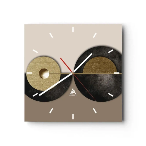 Reloj de pared - Reloj de vidrio - Círculos abstractos en tonos dorados y marrones. - 30x30cm - Variaciones en torno a un círculo - Decoración de pared moderna para salón y dormitorio ARTTOR