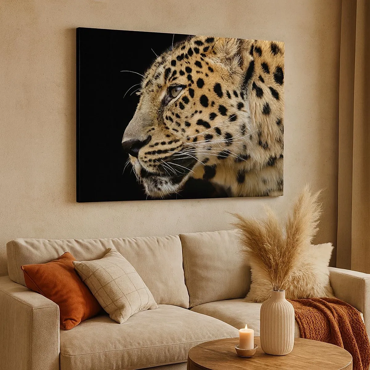 Cuadro sobre lienzo - Impresión de Imagen - Primer plano de la cabeza de un leopardo sobre un fondo negro - 70x50cm - Tranquilo, concentrado, preparado - Decoración de pared moderna para salón y dormitorio ARTTOR