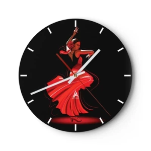 Reloj de pared - Reloj de vidrio - Bailaora de flamenco con vestido rojo sobre fondo negro - 30x30cm - El espíritu ardiente del flamenco - Decoración de pared moderna para salón, cocina y dormitorio ARTTOR