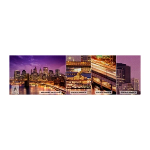 Muestra de fotomural Premium Sand - Manhattan púrpura y dorado - Ciudad, Nueva York, Arquitectura - 100x30 cm