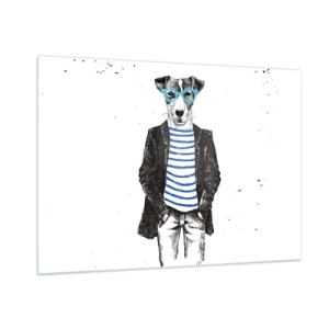 Cuadro sobre vidrio - Impresiones sobre Vidrio - Ilustración de un perro con camisa de marinero y gafas sobre un fondo blanco. - 100x70cm - El encanto del perro - Decoración de pared moderna para salón y dormitorio ARTTOR