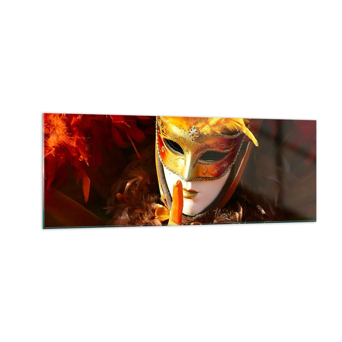 Cuadro sobre vidrio - Impresiones sobre Vidrio - Máscara de carnaval en tonos dorados y naranjas. - 140x50cm - El misterio es parte del juego - Decoración de pared moderna para salón y dormitorio ARTTOR