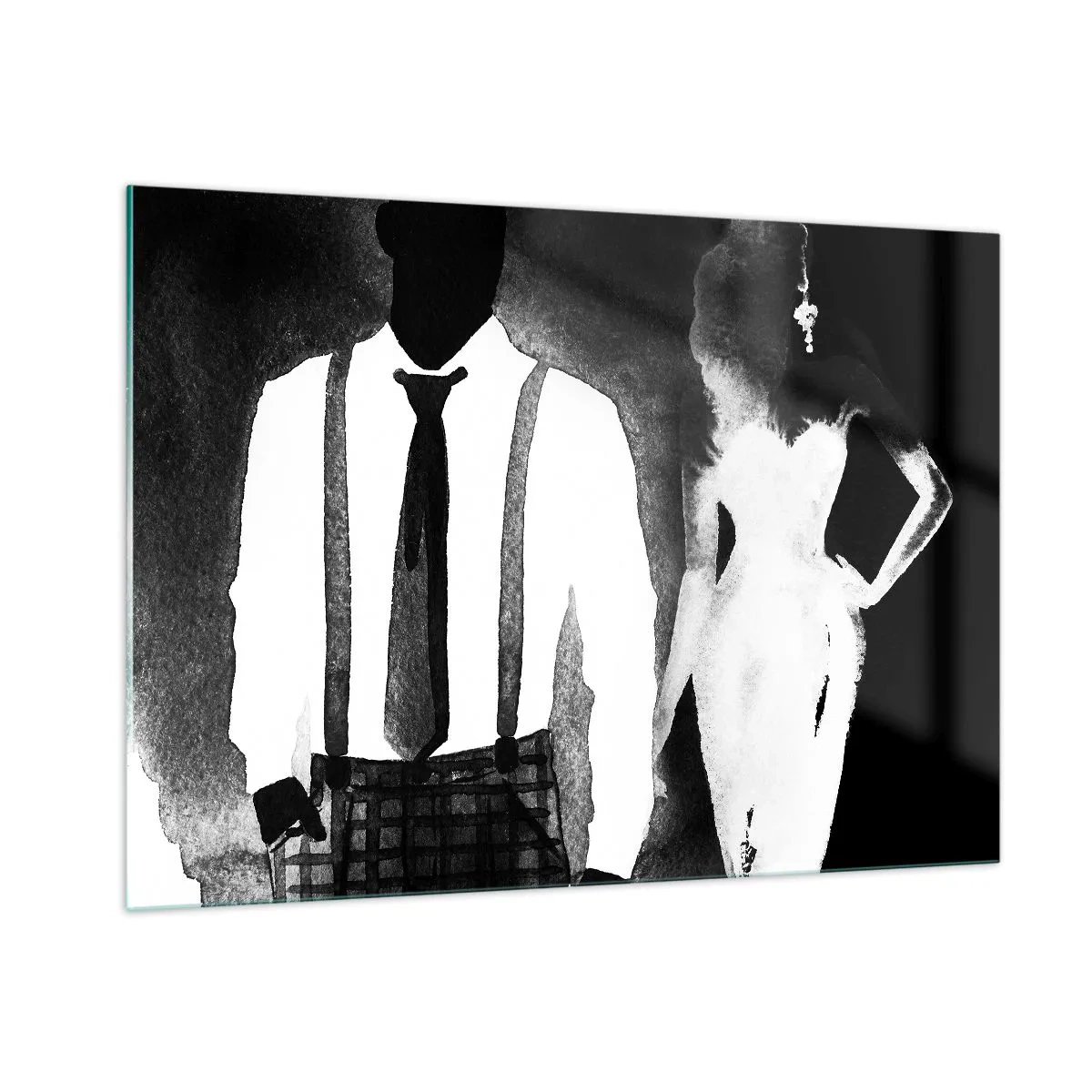 Cuadro sobre vidrio - Impresiones sobre Vidrio - Silueta en blanco y negro de una elegante pareja de cine negro. - 100x70cm - En un ambiente noir - Decoración de pared moderna para salón y dormitorio ARTTOR