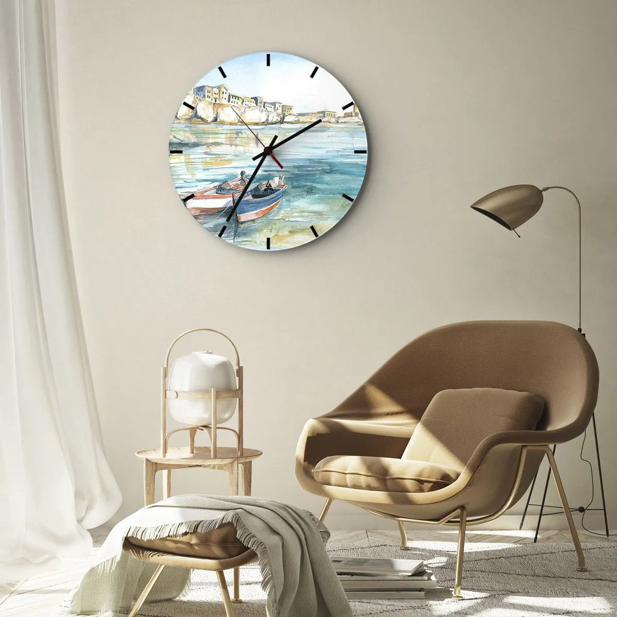 Reloj de pared - Reloj de vidrio - Paisaje en azul - 40x40 cm
