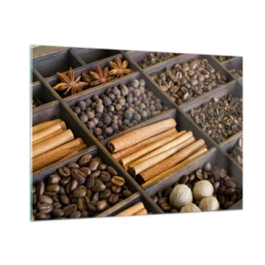 Cuadro sobre vidrio - Impresiones sobre Vidrio - Especias en compartimentos de madera - 100x70cm - Un tesoro de aromas - Decoración de pared moderna para salón y dormitorio ARTTOR