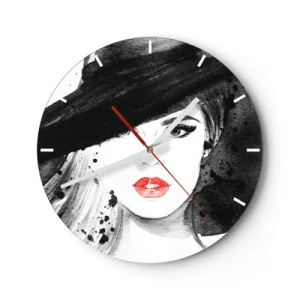 Reloj de pared - Reloj de vidrio - Mujer elegante con sombrero y labios rojos. - 30x30cm - Dama de negro - Decoración de pared moderna para salón, cocina y dormitorio ARTTOR